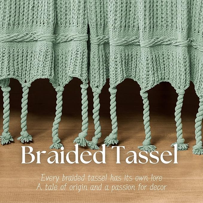 Boho Knitted Chenille Blanket with Tassels - Lightweight & Soft All-Season Throw - 3D Classic Pattern for Living Room Bedroom Couch, Sage Green, Queen 90"x90"