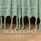 Boho Knitted Chenille Blanket with Tassels - Lightweight & Soft All-Season Throw - 3D Classic Pattern for Living Room Bedroom Couch, Sage Green, Queen 90"x90"