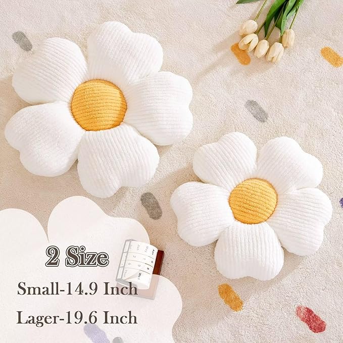Flower Throw Pillow, Cute Flower Shaped Pillow Decorative Throw Pillow for Bed Couch, Soft Daisy Pillows Floor Seating Cushion Cushions (19.6 Inch White+Yellow)