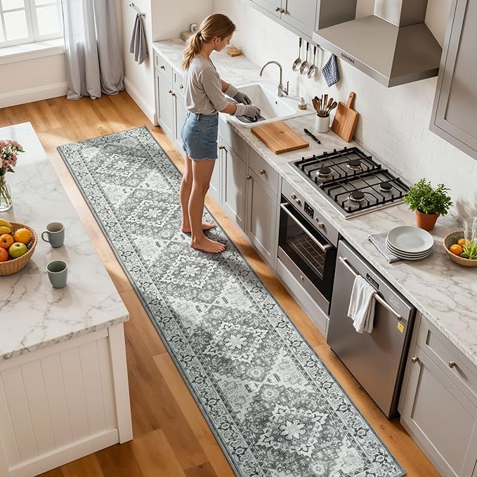 Lessymo 2 x 10 Long Runner Rug for Hallway, Washable Entryway Rugs Boho Faux Wool Low Pile Rug for Kitchen, Floral Medallion Vintage Rugs with Non-Slip Rubber, Grey Beige