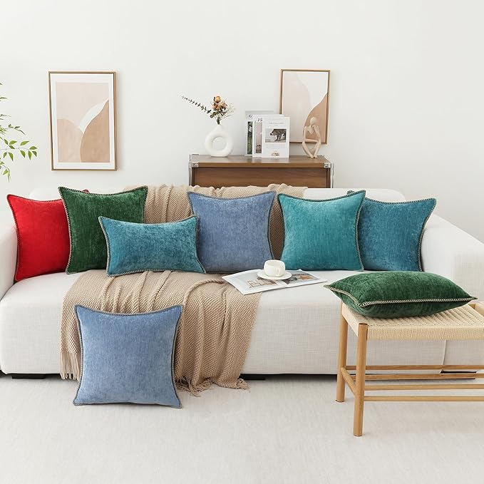 decorUhome Chenille Soft Cozy Throw Pillow Covers 18x18 Set of 2, Modern Farmhouse Boho Velvet Decorative Pillow Cases with Stitched Edge for Couch Sofa Bed Home Decor, Blue
