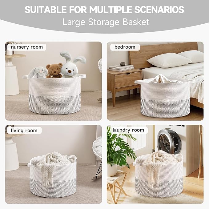 CLHMILY&Z Large Storage Basket - 20x13 Inches - Blanket Basket for Living Room, Woven Storage Basket, Large Laundry Basket for Clothes, for Tree Plant, Mix White