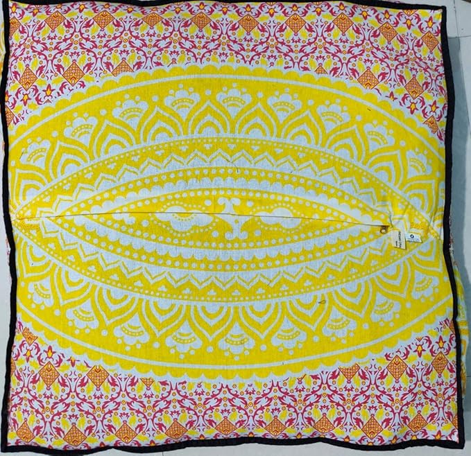 INDIAN CRAFT CASTLE 24" Yellow Ombre Mandala Barmeri Large Floor Pillow Cover Cushion Meditation Seating Ottoman Throw Cover Hippie Decorative Zipped Bohemian Pouf Ottoman Pom Pom Cases 24" Square