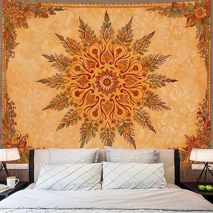 Accnicc Boho Mandala Floral Tapestry Vintage Bohemian Indian Tapestries for Bedroom Aesthetic Retro Orange Yellow Flower Extra Large Tapestry Wall Hanging for Dorm Living Room Decor 90 x 68 Inch