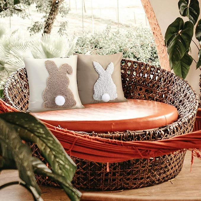 Tufting Easter Pillow Covers 18" x 18" Set of 2 Bunny Pillow Covers 3D Tufted Bunny Rabbit Throw Pillowcase Easter Decorative for Bedroom Sofa Home Decor(Beige,Linen)