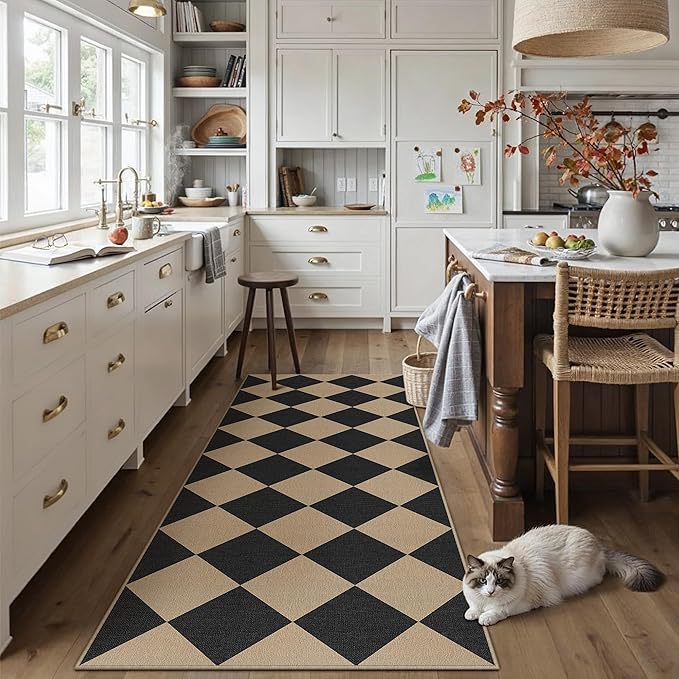 2x6 Checkered Easy Jute Runner Rug Non Slip Hallway Kitchen Washable Outdoor Rug for Entryway Indoor Checkerboard Black Indoor Outdoor Carpet for Bedside Entry Front Door Porch