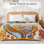 Boho Blanket Soft Muslin BohoThrow Blanket, 100% Cotton Floral Printed Farmhouse Decor All Season Reversible Rustic Throw for Sofa Couch Chair (80"x90")