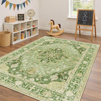 Area Rugs 4'x6' Washable Non-Slip, Floral Vintage Distress Print Pattern Medallion Carpet for Living Room Bedroom Dining Room, Sage Green Yellow