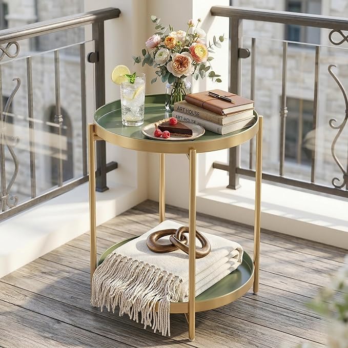TeoKJ 2 Tier Gold Side Table, Folding Round Metal End Table Small Nightstand with Two Removable Tray for Bedroom Living Room Bedside Small Spaces Gold + Dark Green