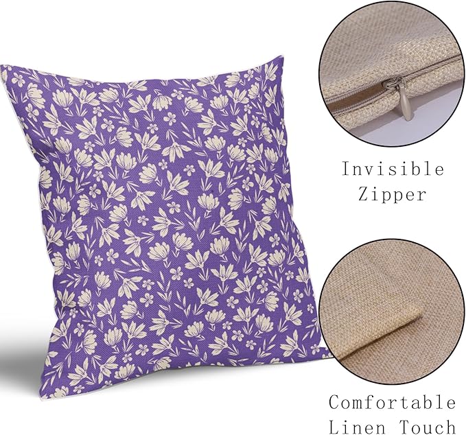 Purple Pillow Covers 24x24 Set of 2 Vintage Floral Rustic Old Style Cute Flower Print Decorative Outdoor Pillowcases Seasonal Farmhouse Throw Cushion Case Decor for Couch Sofa Bed