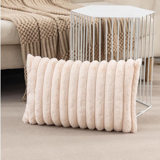 ZLINA Set of 2 Beige Faux Fur Decorative Throw Pillow Covers Fluffy Striped Pillowcase Cushion Covers 12 x 20 Inch Decor Sofa Couch Bedroom