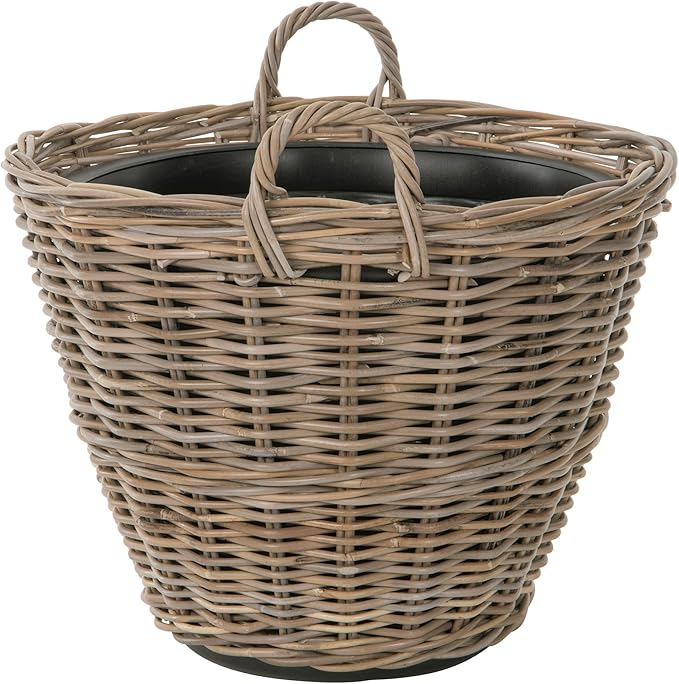 Kouboo Round Rattan Planter Basket with Handles - 11 Gallon Plastic Pot Liner with Drain Holes Included - No Saucer - Indoor and Outdoor Use
