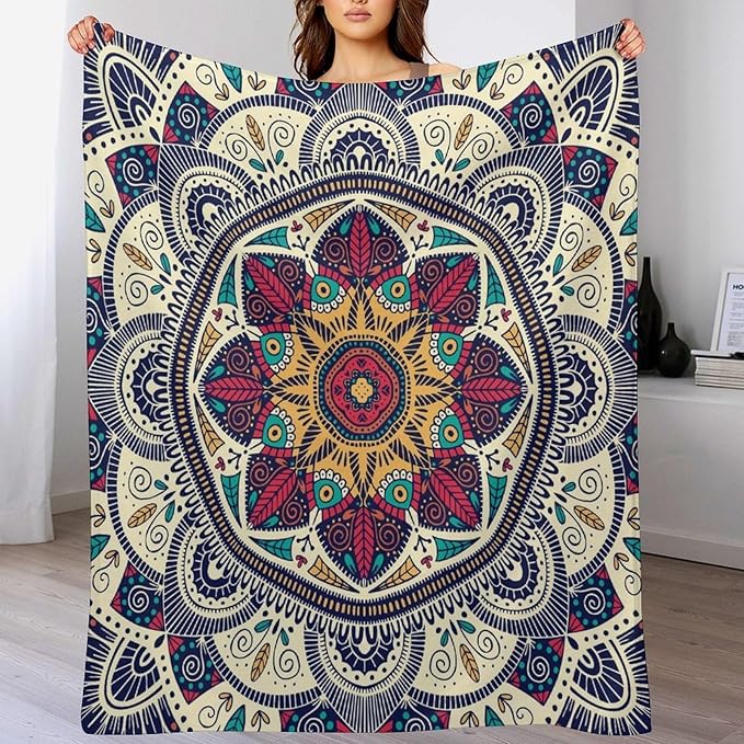 Abstract Mandala Throw Blanket Indian Hippie Bohemian Art Floral Texture Pattern Blanket for Sofa Bed Couch Chair Or Dorm 50"x60"