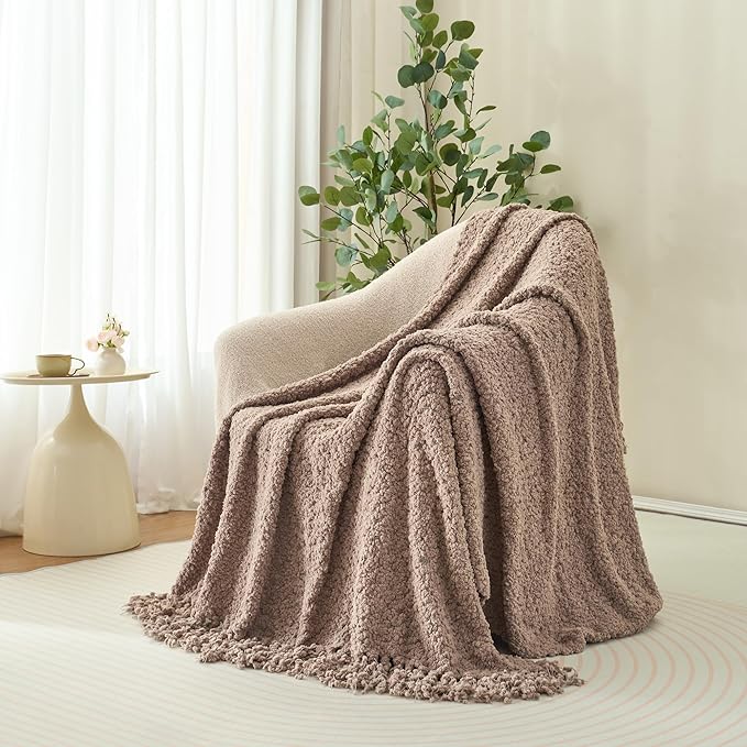 Throw Blanket for Couch, Taupe Tan Luxury Knitted Throws 60"x80", Textured Blankets with Handmade Fringe Tassels for Bed Sofa Decorative, Chunky Soft Farmhouse Boho Home Decor