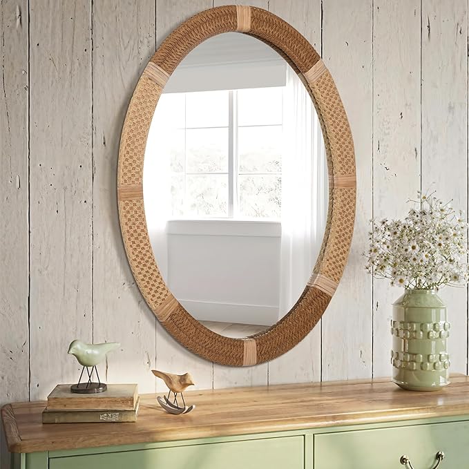 ULIKE Boho Oval Rattan Mirror, 22x30 Inch Rustic Farmhouse Wall Decor with Wicker Frame, Rattan Mirror for Nursery Bathroom Bedroom Living Room Entryway