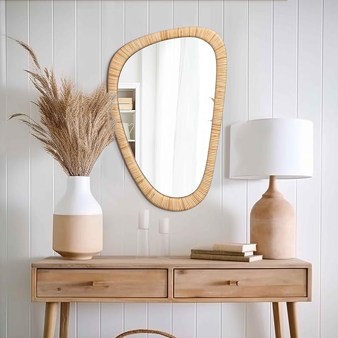 Barnyard Designs Rattan Bathroom Mirror – Rustic Farmhouse Style Handmade Wicker Rattan Frame - Boho Mirror for Nursery Wall Décor (25" x 30", Asymmetrical)