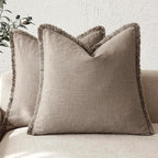Foindtower Set of 2 Decorative Linen Fringe Throw Pillow Covers Boho Farmhouse Cushion Cover with Tassels Accent Pillowcase for Couch Chair Sofa Bed Living Room Home Decor,16×16 Inch,Dune