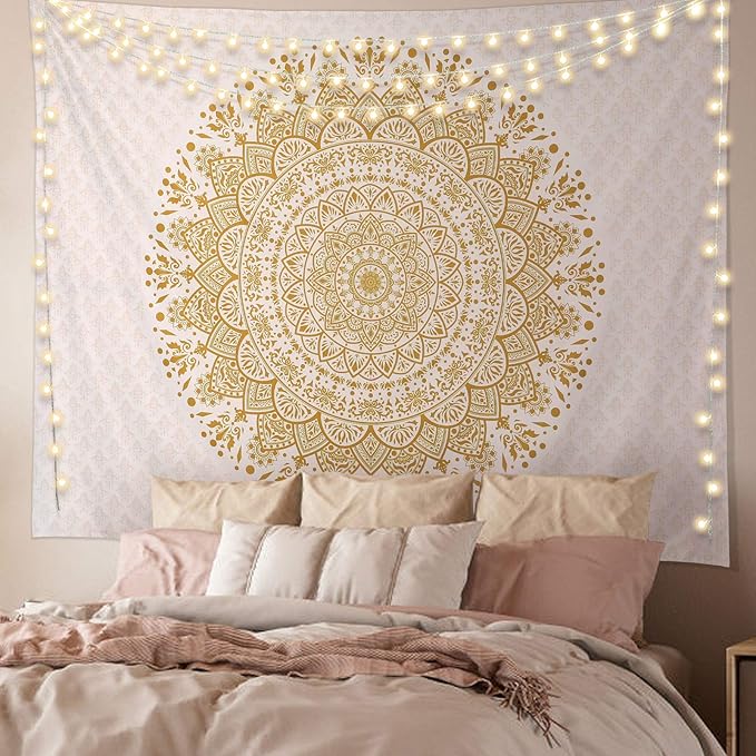 Edeesky White and Gold Mandala Tapestry Wall Art for Living Room, Bedroom Decor