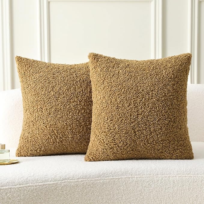 FUTEI Khaki Throw Pillow Covers 26x26 Inch Set of 2,Furry Faux Fur Teddy Boucle Textured Cushion Covers,Soft Fluffy Decorative Euro Pillow Shams,Home Decor for Couch Bed Living Room Office Car