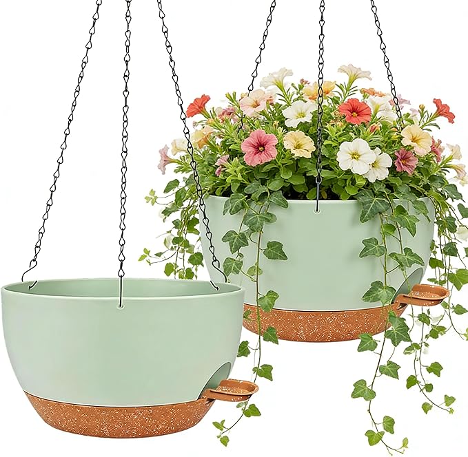 2 Pack 10 Inch Self Watering Hanging Planters for Indoor Plants, Large Green Brown Plastic Hanging Pots with Chains for Outdoor Patio Garden Home Decor (Green Brown)