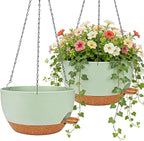 2 Pack 10 Inch Self Watering Hanging Planters for Indoor Plants, Large Green Brown Plastic Hanging Pots with Chains for Outdoor Patio Garden Home Decor (Green Brown)