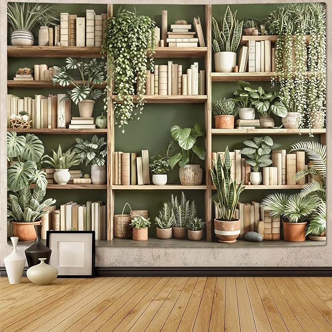 Accnicc Green Plant Bookshelf Tapestry Botanical Bookshelf Tapestries Wall Hanging Modern Potted Plants Bookshelf Backdrop Large Tapestry for Bedroom Living Room Dorm 80 x 60 inch