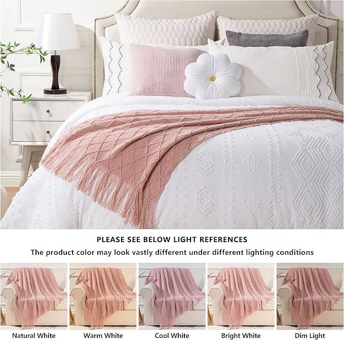 BATTILO HOME Blush Throw Blanket with Tassels, Pink Knit Blanket for Home Decor, Boho Style Textured Knitted Decorative Twin Blanket for Couch, Sofa &Bed, 52"x80"