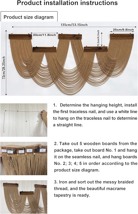 HVEST Large Macrame Wall Hanging Boho Decor, Brown Bohemian Macrame Wall Art Geometric Modern Craftsmanship Handmade Woven Tapestry for Bedroom Living Room Backdrop, 53W x 28L inches