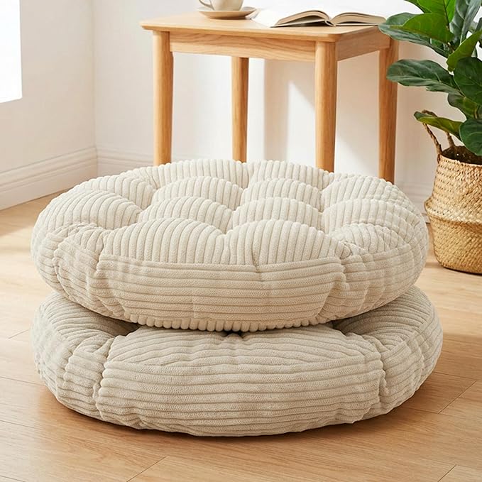 Large Floor Pillow for Adults, 22x22" Memory Foam Floor Cushion with Corduroy Cover, Round Floor Sitting Cushions for Meditation, Lounge,Seating for Yoga, Tatami Living Room (2, Round-Beige)