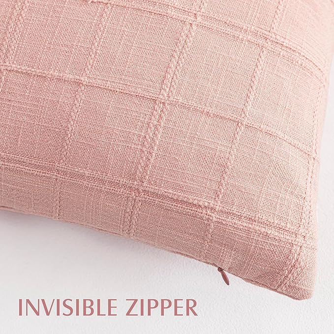 Foindtower Set of 2 Decorative Linen Check Throw Pillow Covers Neutral Farmhouse Vintage Cushion Covers Cozy Modern Boho Accent Home Decor for Sofa Chair Couch Bed Living Room,14×36 Inch,Light Pink