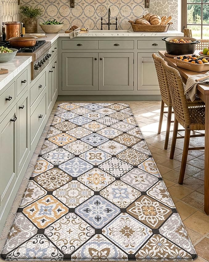 DEXI Anti Fatigue Kitchen Mats for Floor, 23x59, Cushioned Standing Padded Mat Waterproof, Comfort Runner Rug for Laundry Room Office, Brown Checkered