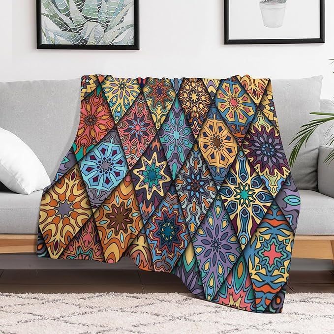 Vintage Bohemian Throw Blanket Colorful Mandala Indian Pattern Blanket for Sofa Bed Couch Chair Or Dorm 40"x50"
