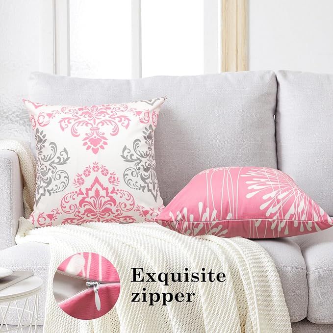 Coliuso Decorative Throw Pillow Covers 18x18 Set of 4, Pink and White Modern Simple Square Pillow Case Cushion Cover for Sofa Couch Farmhouse Living Room