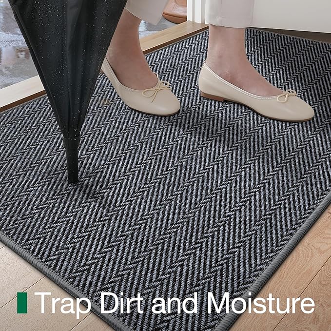 LUMI Ultra Thin Indoor Door Mat for Entrance 17"x30", Non Slip Entryway Mat, Low Profile Doormat, Unique Herringbone Design Carpet for Inside, Patio, Porch, Medium Gray
