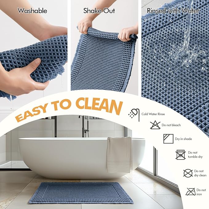 MIULEE Set of 2 Waffle Bathroom Rugs, Boho Bath Rug Super Absorbent, Non Slip Washable Ultra Soft Rubber Backed Shower Bath Mats for Floor, Tub, Shower, Bordered Design, Blue, 17"x24"+18"x30"