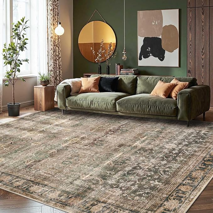 8x10 Area Rugs for Living Room Bedroom, Large Washable Rug, Brown Vintage Retro Boho Rug, Non Slip & Low Pile Faux Wool Thin Carpet for Indoor Dining Room and Kids Room(Charcoal/Olive 8x10ft)