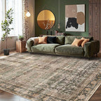8x10 Area Rugs for Living Room Bedroom, Large Washable Rug, Brown Vintage Retro Boho Rug, Non Slip & Low Pile Faux Wool Thin Carpet for Indoor Dining Room and Kids Room(Charcoal/Olive 8x10ft)