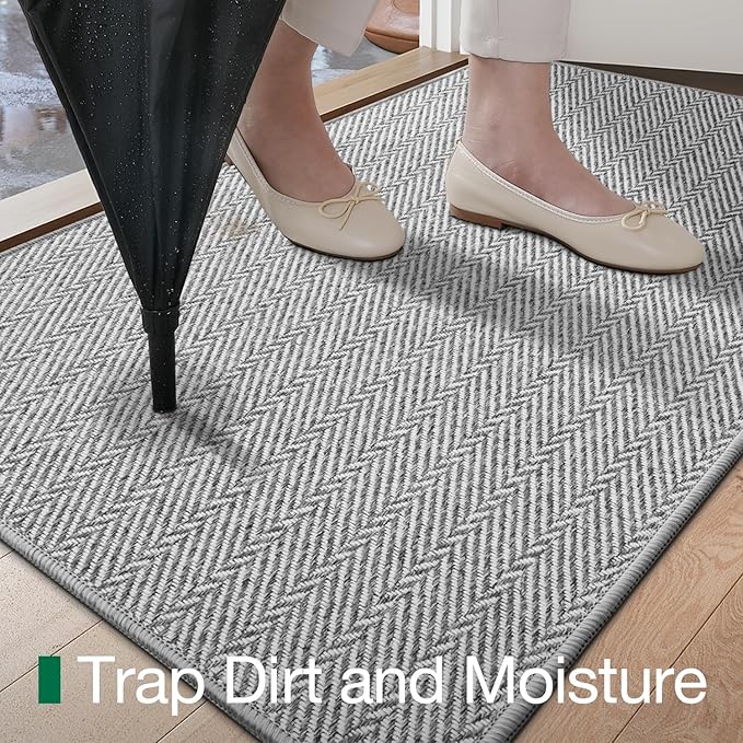 LUMI Ultra Thin Indoor Door Mat for Entrance 32"x48", Non Slip Entryway Mat, Low Profile Doormat, Unique Herringbone Design Carpet for Inside, Patio, Porch, Gray
