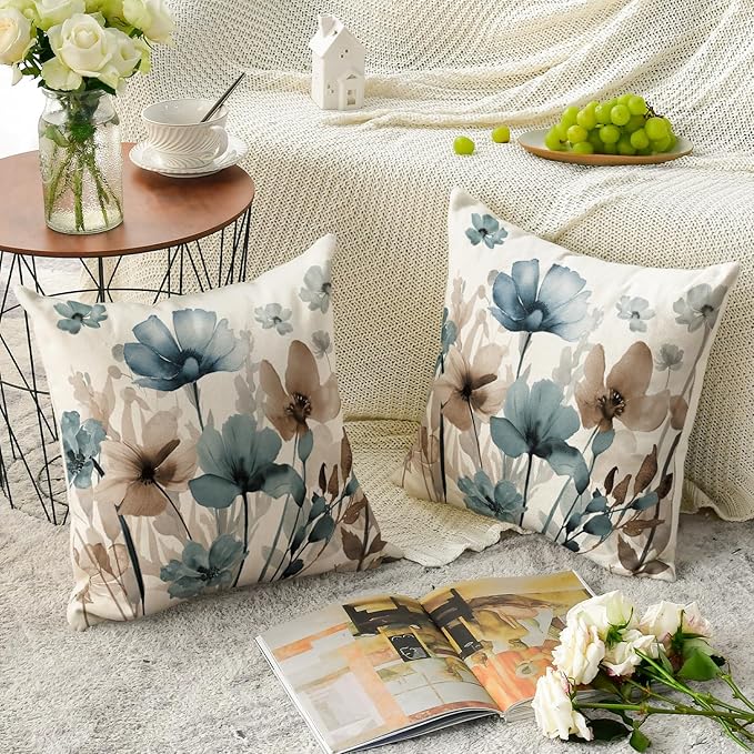 AVOIN colorlife Poppy Flowers Chinoiserie Throw Pillow Covers, 18 x 18 Inch Blue Brown Seasonal Leaves Cushion Case Decoration for Sofa Couch Set of 2