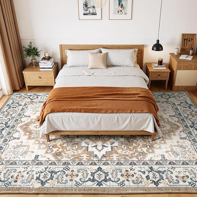 Lessymo Area Rugs 9x12 Living Room- Large Area Rug Machine Washable Area Rug for Bedroom Living Room, Vintage Rugs Boho Floral Medallion, Non-Slip Rubber, Low Pile, Kid & Pet Friendly, Brown Beige