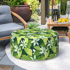 Indoor/Outdoor Inflatable Ottoman, Water Repellent Round Foot Rest Ottomans D31 x H14 inch, Portable Footstool for Patio Garden Camping or Home, Jungle Leaves
