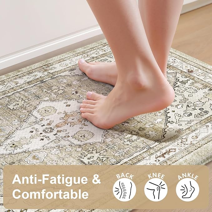 Collive Farmhouse Anti Fatigue Kitchen Mat, Cushioned Kitchen Rug Sets of 2 Waterproof Non Slip Kitchen Floor Mats Ergonomic Comfort Standing Mat for Laundry, Office, Sink, Desk, Taupe
