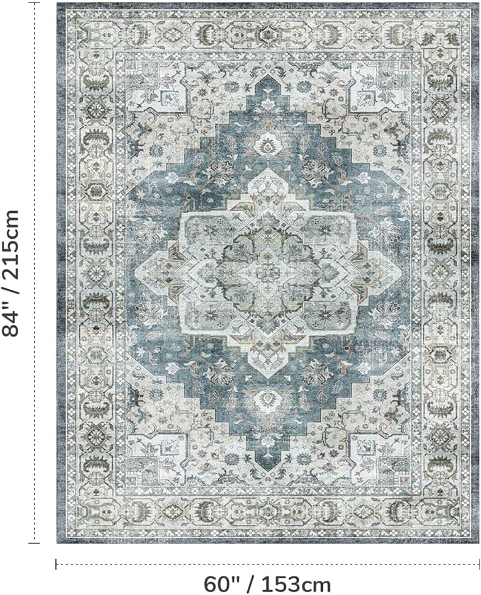 Lessymo Vintage Medallion Rug for Living Room 5x7, Machine Washable Area Rugs for Bedroom Dining Room Under Table, Soft Low Pile Carpet with Non Slip Backing, Blue Grey/Beige