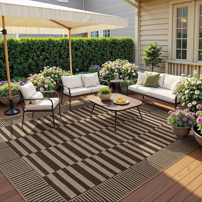 Beevia Striped 8x10 Neutral Jute Rug, Washable Modern Outdoor Rugs for Patio, Farmhouse Decor Non-Slip Large Carpet for Living Room Deck Backyard (Nature, 8x10ft)