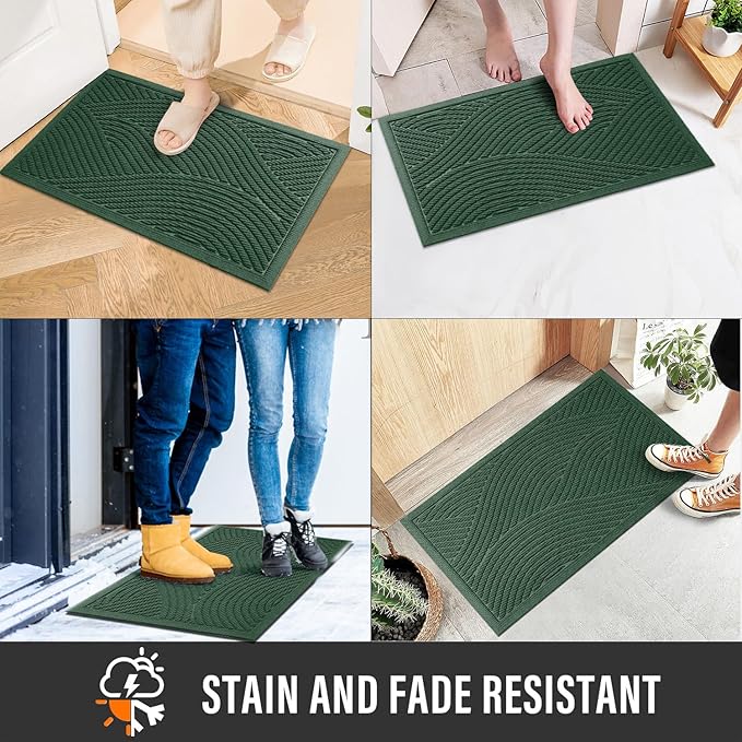Sturdy Front Door Mat, Absorbent Muddy Dirt Resist Welcome Door Mats Outdoor Indoor, Stain and Fade Resistant, Non-Slip Backing Entry Mat Low Profile Doormat for Entryway, 29×17, Green