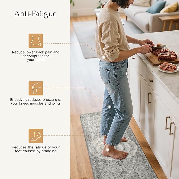 GENIMO Kitchen Mats for Floor 2PCs, Washable Anti Fatigue Mat for Cushioned, 17.3"x59"+17.3"x30", Waterproof Kitchen Rugs, Non Slip Comfort Standing Mat Rug for Home, Sink, Laundry, Stone Gray
