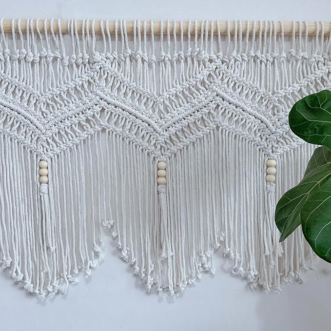 Macrame Doorway Curtains Wall Hanging Window Curtain Panels Closet Room Divider Boho Wedding Decor Backdrop Macrame Valance Boho Kitchen Valance (Ivory White, 52''W x 21.6''H)