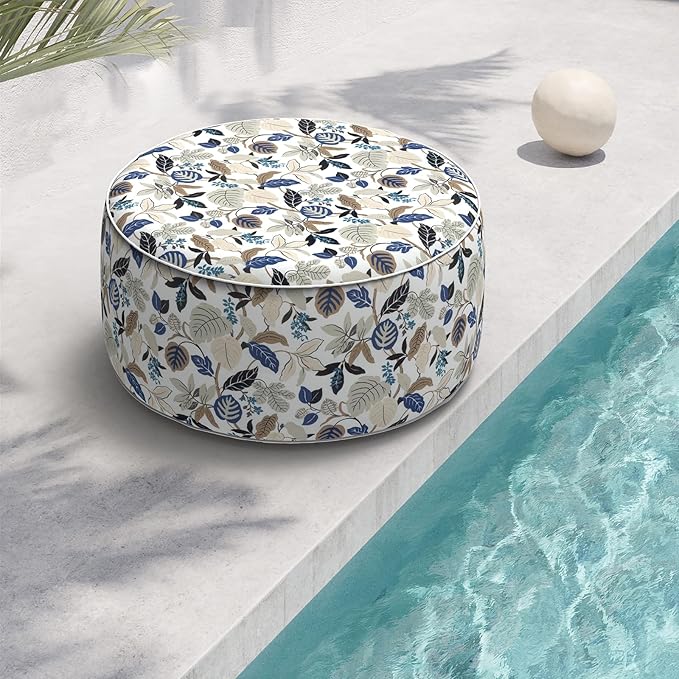 Indoor/Outdoor Inflatable Ottoman, All Weather Ottoman Pouf D31 x H14 inch, Round Foot Rest Ottomans, Portable Footstool for Patio, Garden, Porch, Home, Breeze Leaves Beige