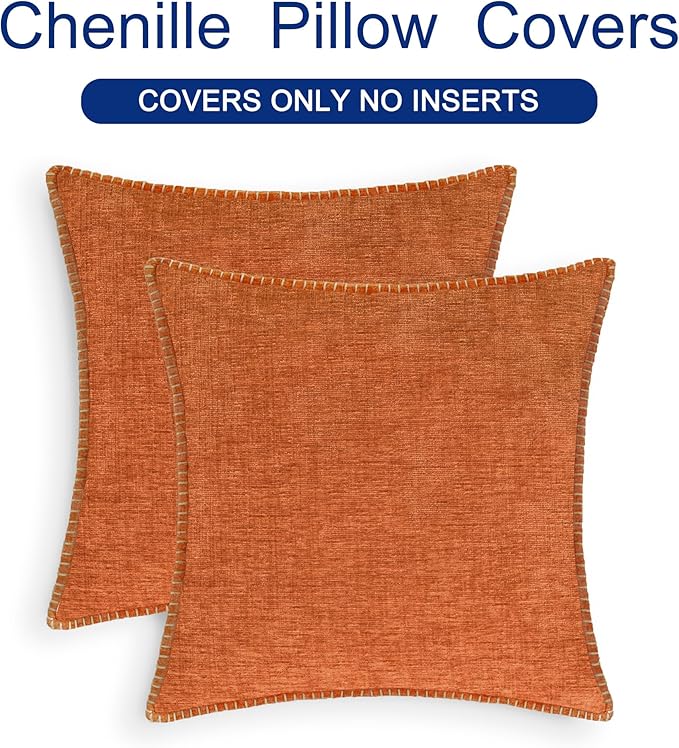 CaliTime Fall Throw Pillow Covers Decorative 16 X 16 Inches Pack of 2 Cotton Thread Stitching Edges Solid Dyed Soft Chenille Cushion Cases for Couch Sofa Bed Living Room Farmhouse Burnt Orange