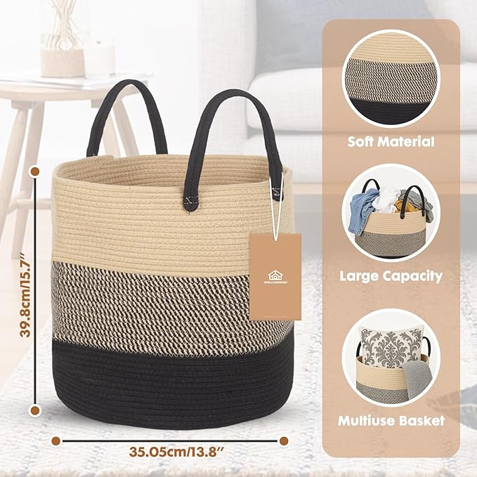 ShellKingdom Laundry Basket, Natural Rope Woven Storage Basket with Handles for Home, Living Room, Laundry, Storage Organizer for Blankets, Clothes, Plant, Toys, 15.7 x 13.8 INCH (3-Toned Khaki Black)